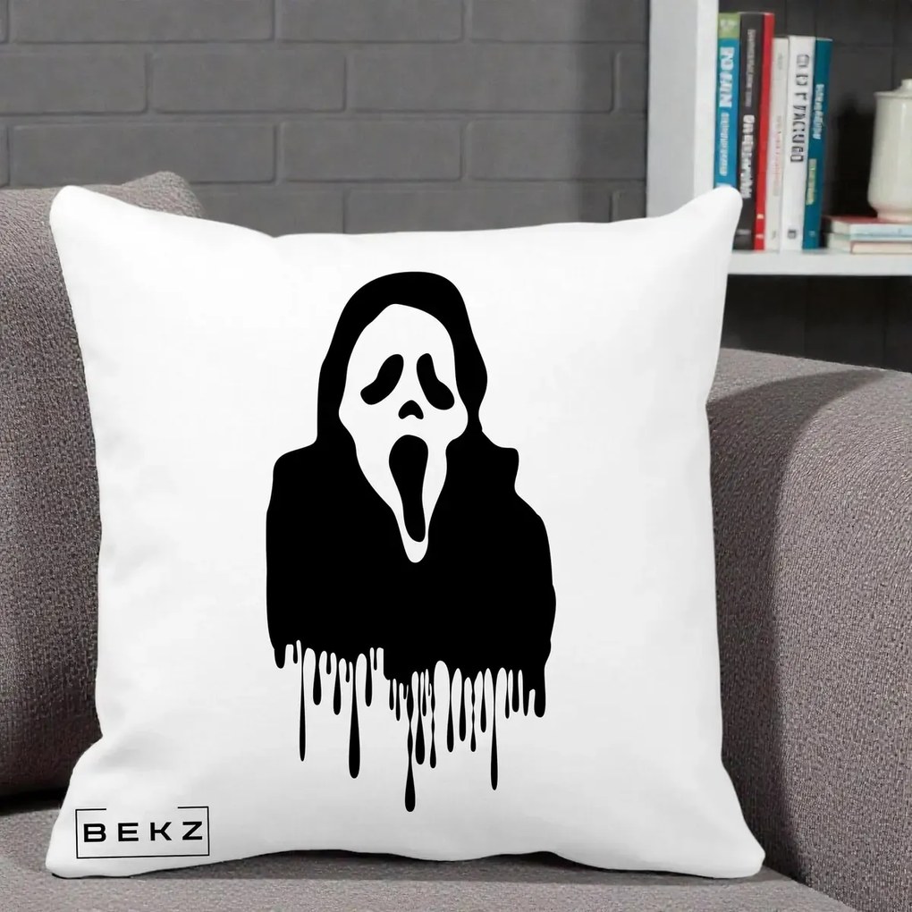 Perna Personalizata Halloween Ghostface Scream Picurand, 40x40 cm, Alba Mata, Husa Detasabila, Perna Inclusa, BEKZ®