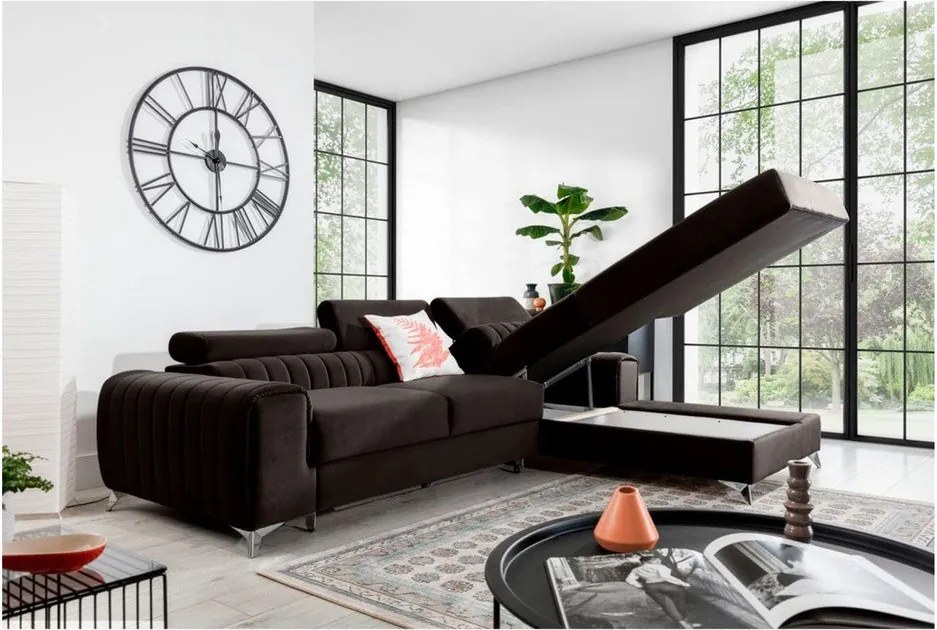 Colțar maro închis extensibil/cu spațiu de depozitare cu tapițerie din catifea (cu colț pe partea dreaptă/cu șezlong) Grayson – ELTAP