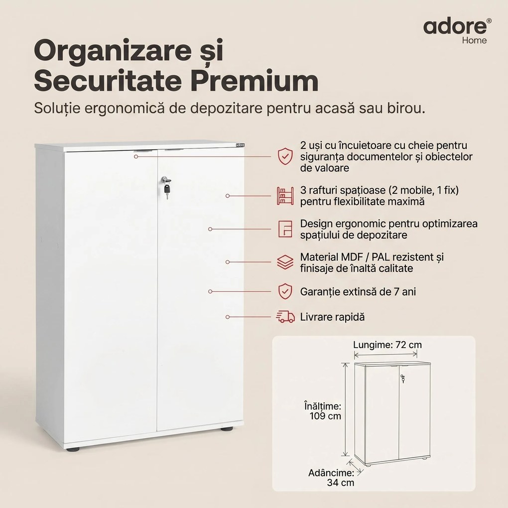 Bibliotecă Adore Rio cu 2 Uși, Cheie și 3 Rafturi, 72 x 109 x 34 cm