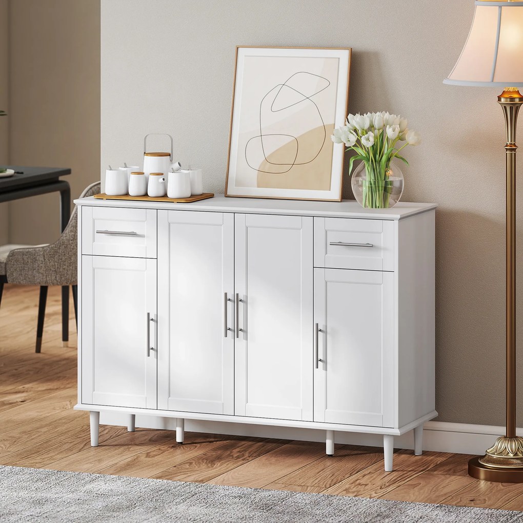 HOMCOM Mobilier de Sufragerie, Credență cu 2 Sertare și 3 Dulapuri cu Rafturi Reglabile, Comodă cu Picioare din Pin pentru Sala de Mese și Bucătărie, 120x38x86 cm, Alb | Aosom Romania