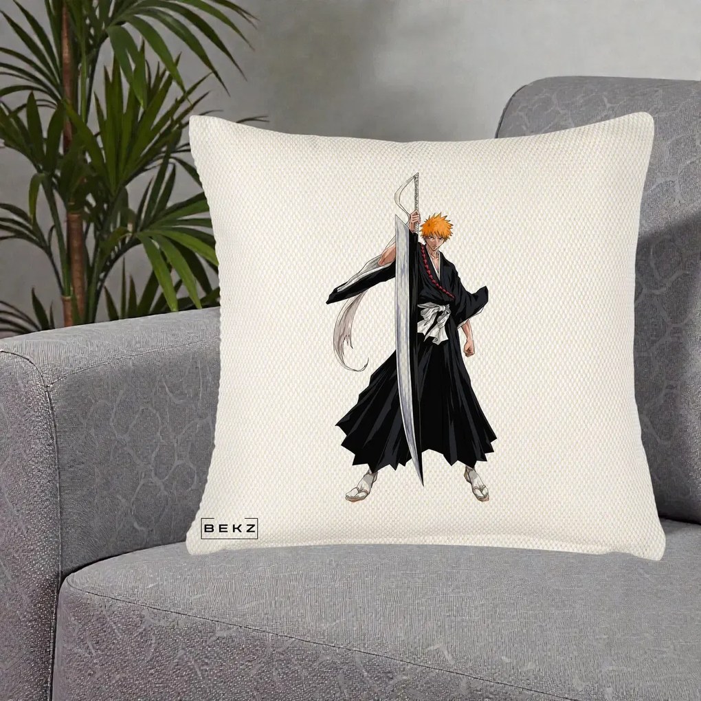 Perna Personalizata Bleach Ichigo Kurosaki Zangetsu, 40x40 cm, Crem Reliefat, Husa Detasabila, Perna Inclusa, BEKZ®