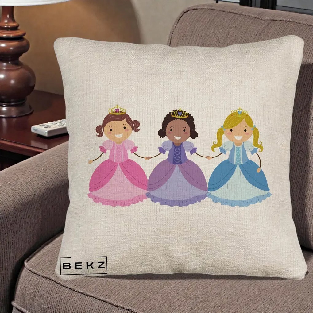 Perna Personalizata Printese Diverse Ilustratie, 40x40 cm, Bej Canapea, Husa Detasabila, Perna Inclusa, BEKZ®