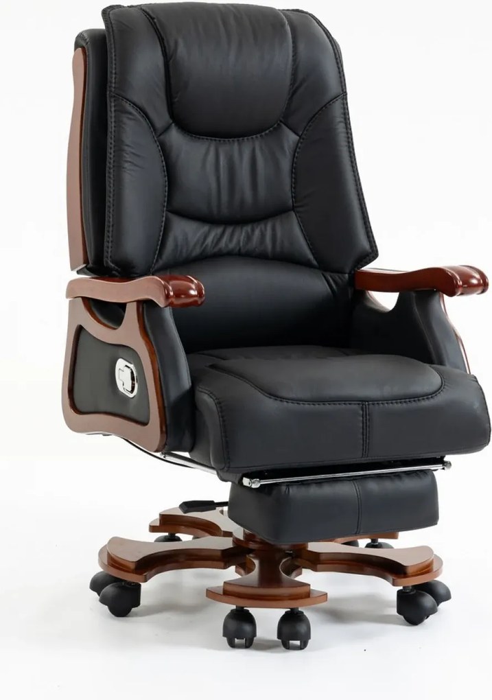 EXECUTIVE COMFORT 8007 – Scaun directorial din piele naturala si lemn masiv, Masaj in 9 puncte si Incalzire, rezistent 150 kg, Negru