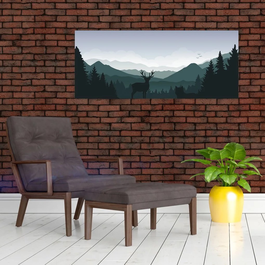 Tablou - Cerb cu lup pe stânci (120x50 cm)