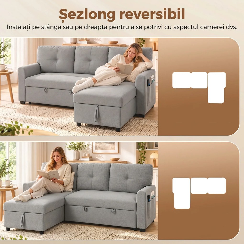 HOMCOM Canapea extensibilă 3 locuri cu șezlong convertibil, spațiu de depozitare, 3 perne, material cu efect de in, gri | Aosom Romania