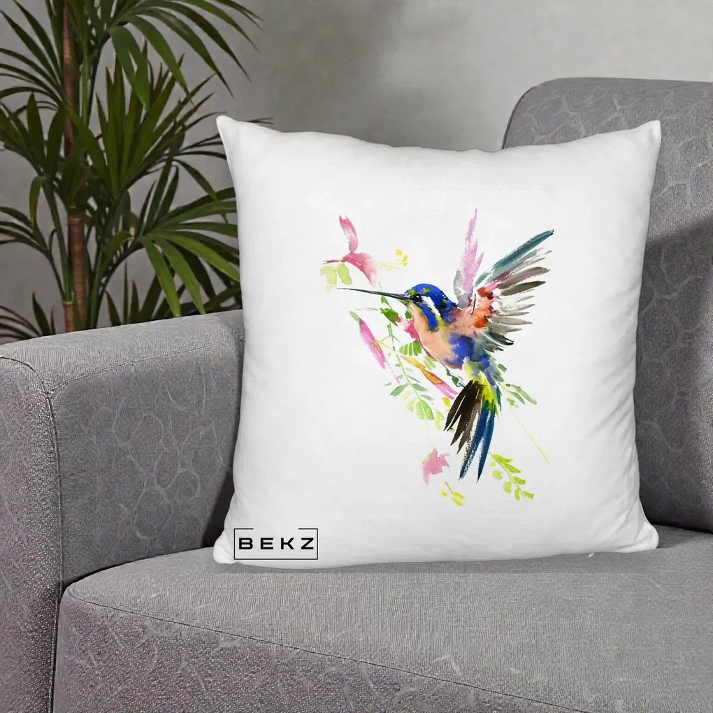 Perna Decorativa Colibri Acuarela, 40x40 cm, Alb Pufos, Husa Detasabila, Perna Inclusa, BEKZ®