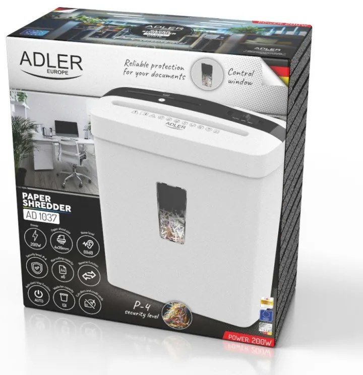 Distrugator de documente Adler AD 1037, 200 W, 13 L, Pana la 22 cm, 6 foi, CD/DVD si card, Pornire/oprire automata, Functie inversa, 69 dB, Alb