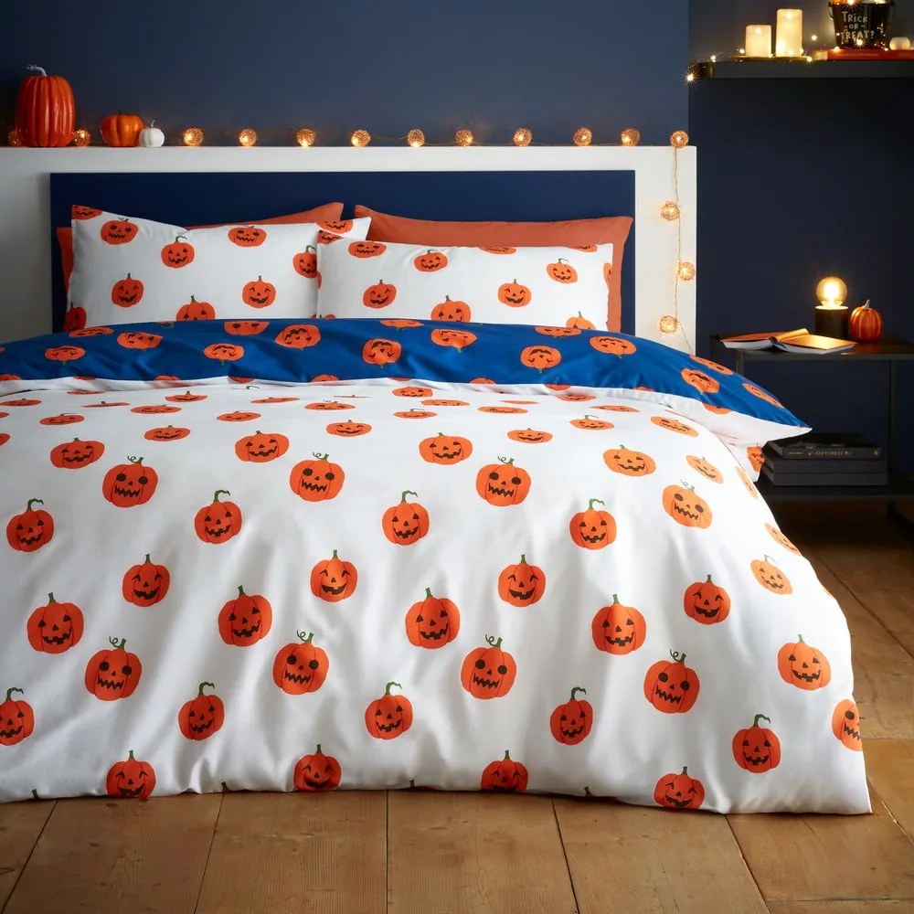 Lenjerie de pat albastră-portocalie pentru pat dublu, extinsă 230x220 cm Halloween Pumpkins – Catherine Lansfield