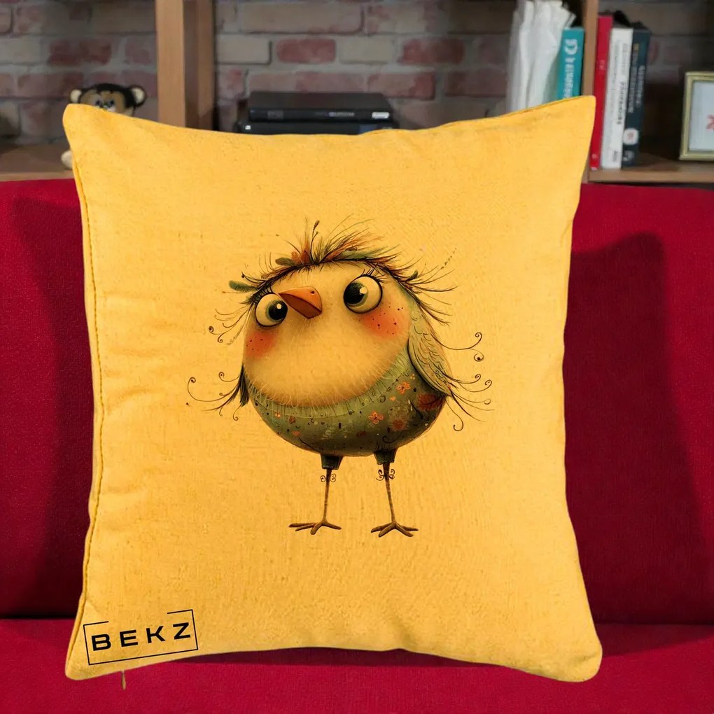 Perna Decorativa Pasare cu Penaj Zbarlit si Gene, 40x40 cm, Galben, Husa Detasabila, Perna Inclusa, BEKZ®
