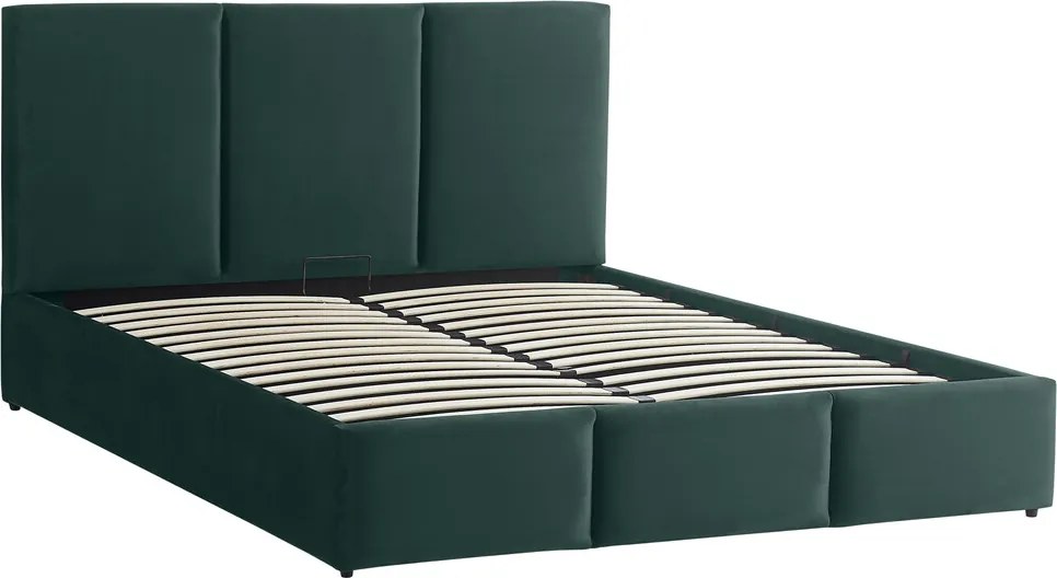 Pat tapitat Houston, 160x200 cm, somiera rabatabila, spatiu depozitare, verde inchis