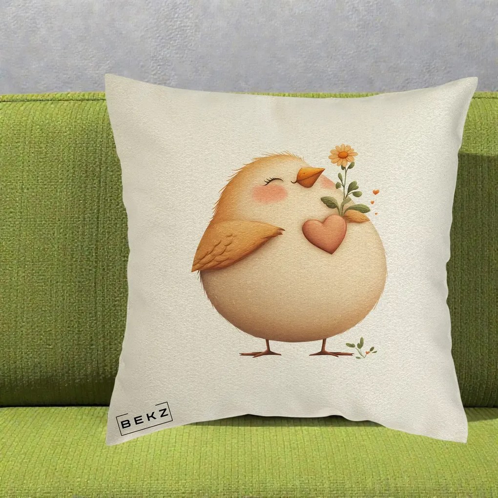 Perna Decorativa Pui cu Inima si Floarea-Soarelui, 40x40 cm, Ecru, Husa Detasabila, Perna Inclusa, BEKZ®