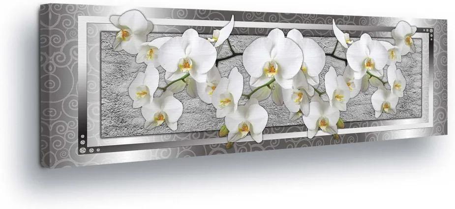 GLIX Tablou - White Flower Decoration in Silver Background 45x145 cm