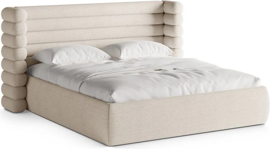Pat matrimonial bej tapițat cu spațiu de depozitare cu somieră 200x200 cm Mount – Micadoni