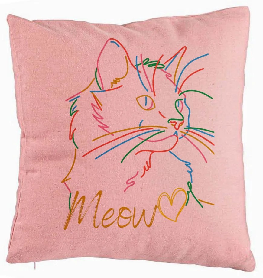 Perna Decorativa, Model Pisica Meow, 40x40 cm, Roz, Husa Detasabila, Burduf