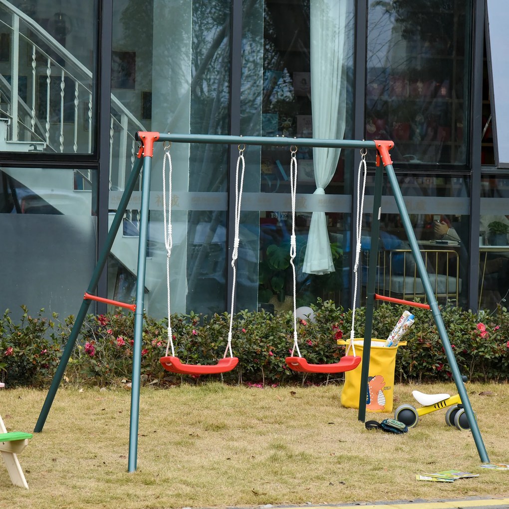 Outsunny Leagăn Dublu pentru Copii 3+ Ani cu Structură din Metal, Leagăn de Grădină cu Coardă Reglabilă, Joc de Exterior, Max 45 kg, 239x156x180 cm, Verde și Roșu | Aosom Romania