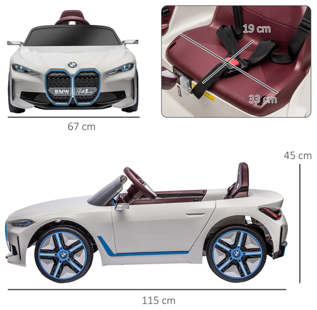 HOMCOM Masinuta Electrica pentru Copii BMW i4 cu Licenta de 12V cu Telecomanda, Baterii Portabile, Muzica, Claxon, pentru 3-6 ani Alb | Aosom Romania