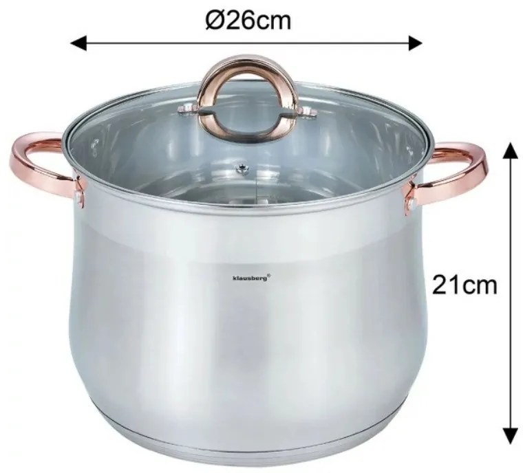 Oala Klausberg KB 7794, 10,7 l, 26 cm, Capac din sticla, Fund multistrat, Inductie, Inox/roz auriu