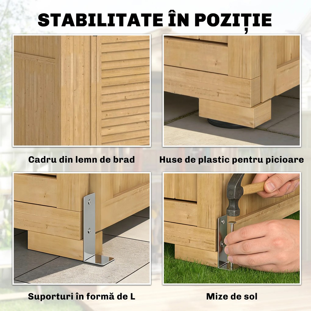 Outsunny Dulap de Grădină din Lemn de Brad cu Rafturi și Ferestre din Acril, Căsuță Depozitare Unelte Exterioare cu Acoperiș Asfaltat, Uși Blocabile, 128x57.5x197 cm, Maro Deschis | Aosom Romania