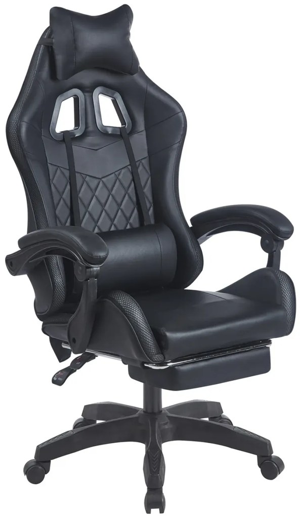 Scaun gaming, sistem iluminare bandă LED RGB, masaj în perna lombară, suport picioare, Negru
