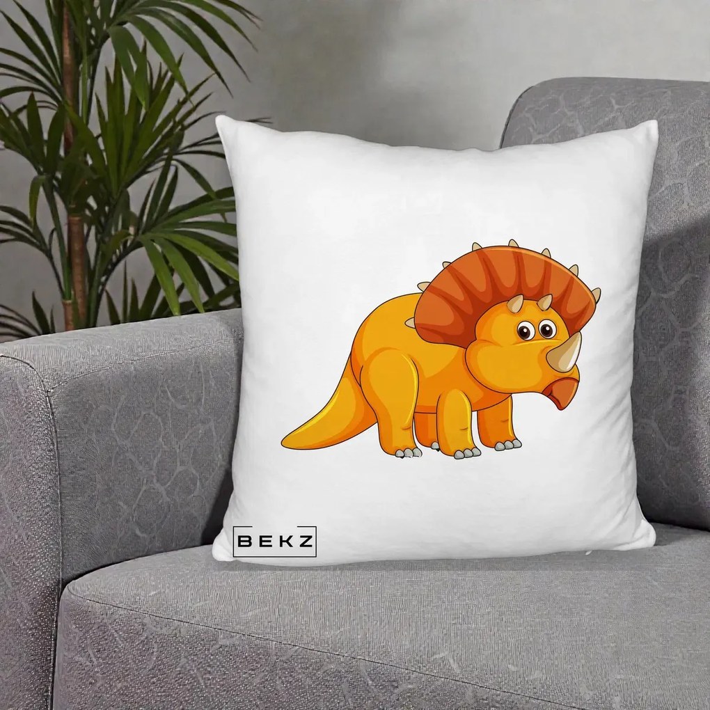 Perna Decorativa Triceratops Portocaliu, 40x40 cm, Alb Pufos, Husa Detasabila, Perna Inclusa, BEKZ®