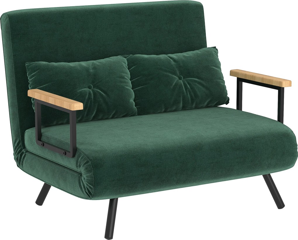 HOMCOM Canapea Pat de 2 Locuri cu Spătar Reglabil pe 5 Nivele, Canapea Pat Pliabilă cu 2 Perne, 102x73x81 cm, Verde | Aosom Romania