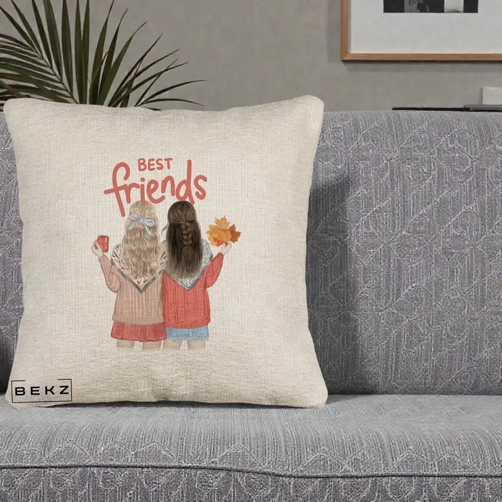 Cadou pentru Prieteni - Perna Personalizata Best Friends Toamna, 40x40 cm, Bej Canapea, Husa Detasabila, Perna Inclusa, BEKZ®