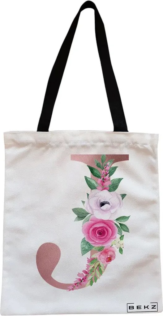 Sacosa de Panza pentru Cumparaturi, Geanta Tote, Cu litera J Rose Gold si Trandafiri, Cu fermoar, 38x34.5 cm, Alba, BEKZ®