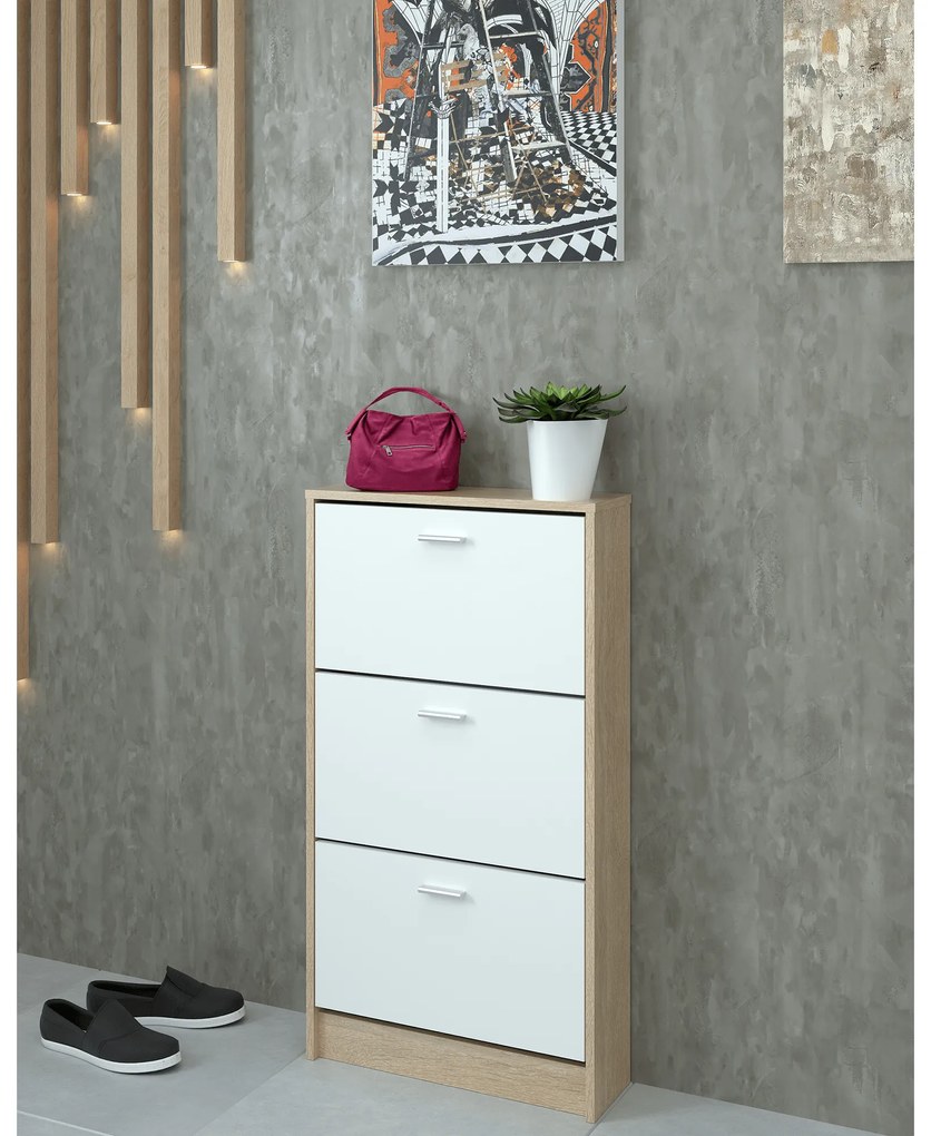 Dulap pantofi, 3 rafturi, stejar sonoma/ alb, MOBI 13