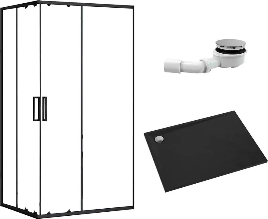 Pachet cabina de dus negru Rea punto 80x100 cm, cadita pentru dus Omnires Stone negru si set sifon cadita