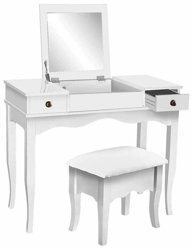 RESIGILAT-Set Isabela Masă de toaletă pentru machiaj cu scaun, oglindă, 2 sertare și spațiu de depozitare, Alb
