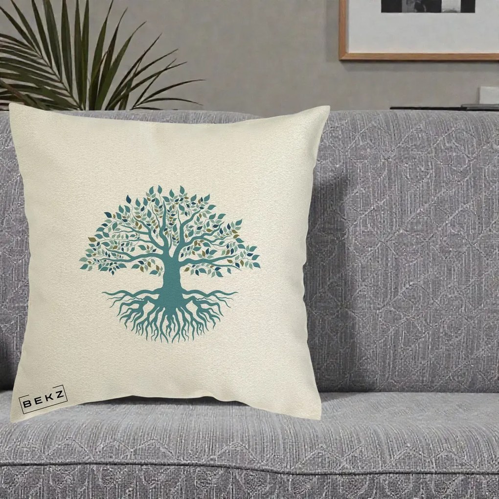 Perna Decorativa Copacul Vietii Teal cu Radacini, 40x40 cm, Ecru, Husa Detasabila, Perna Inclusa, BEKZ®