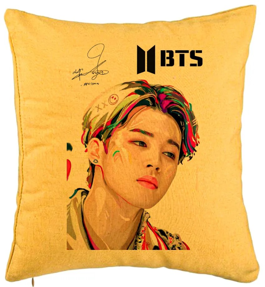 Perna Decorativa BTS Jimin, 40x40 cm, Galben, Husa Detasabila, Burduf