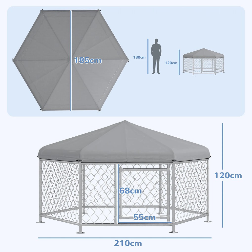 PawHut Cusca de 2,1 x 1,85 x 1,2 m, Tarc pentru Caini, Argintiu | Aosom Romania