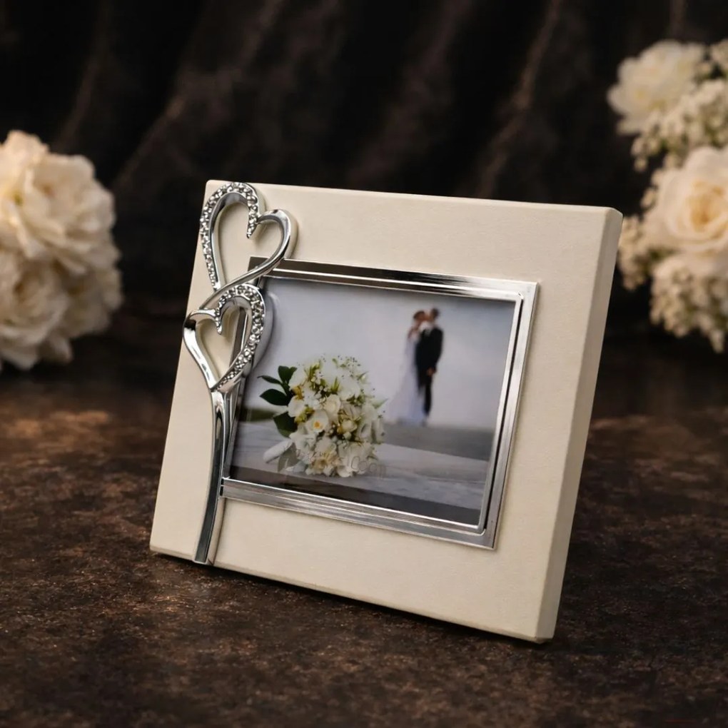 Ramă Foto AZAY cu Inimi și Cristale, 15x10 cm, Ramă Foto Romantică pentru Cuplu, Cadou Nuntă / Aniversare, Cutie Cadou Inclusă