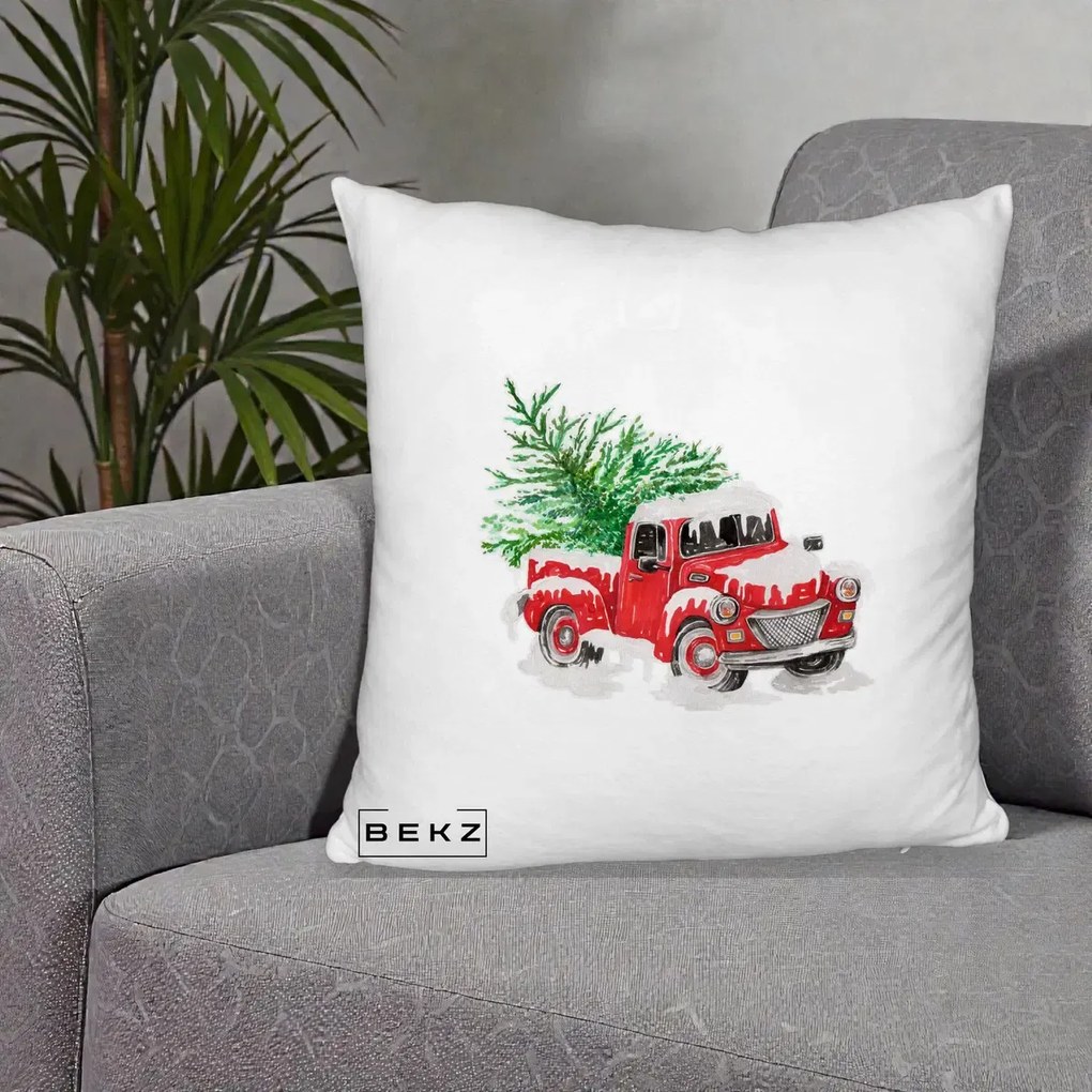 Perna Decorativa Camioneta Rosie Brad de Craciun, 40x40 cm, Alb Pufos, Husa Detasabila, Perna Inclusa, BEKZ®