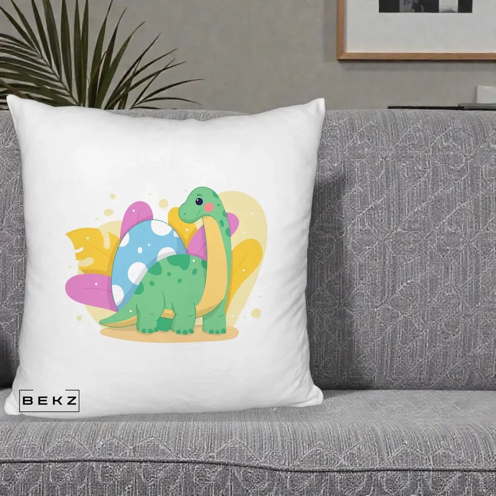 Perna Personalizata Dinozaur cu Ou Pastelat, 40x40 cm, Alb Pufos, Husa Detasabila, Perna Inclusa, BEKZ®