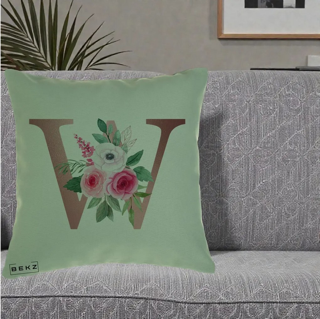 Cadou Personalizat - Perna Personalizata Monograma Rose Gold Litera W cu Trandafiri si Anemona, 40x40 cm, Verde, Husa Detasabila, Perna Inclusa, BEKZ®