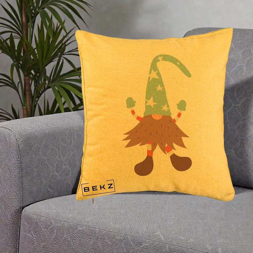 Perna Decorativa Pitic Gnom Nordic cu Cadou Menta, 40x40 cm, Galben, Husa Detasabila, Perna Inclusa, BEKZ®