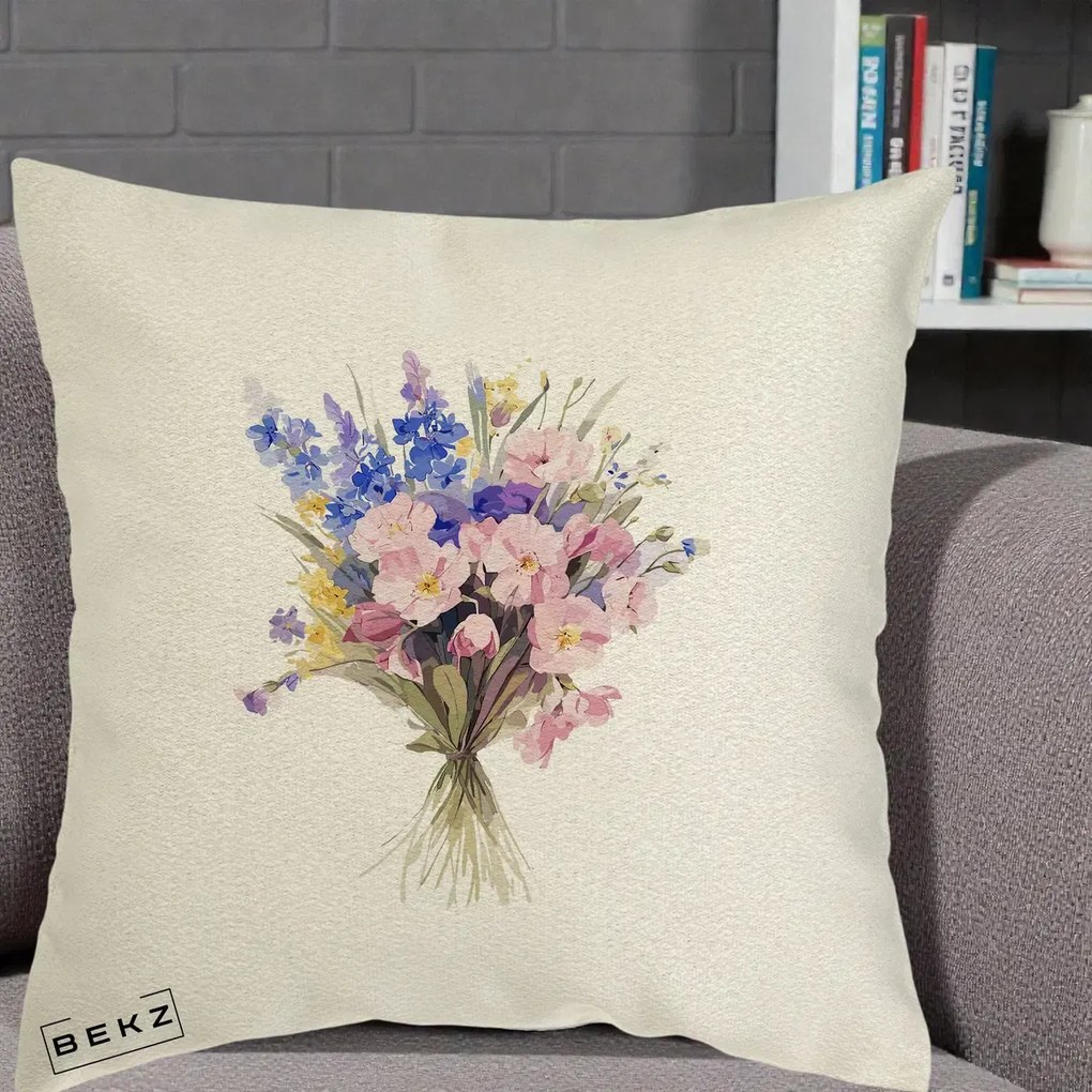 Perna Decorativa Buchet Floral Acuarela Primavara, 40x40 cm, Ecru, Husa Detasabila, Perna Inclusa, BEKZ®