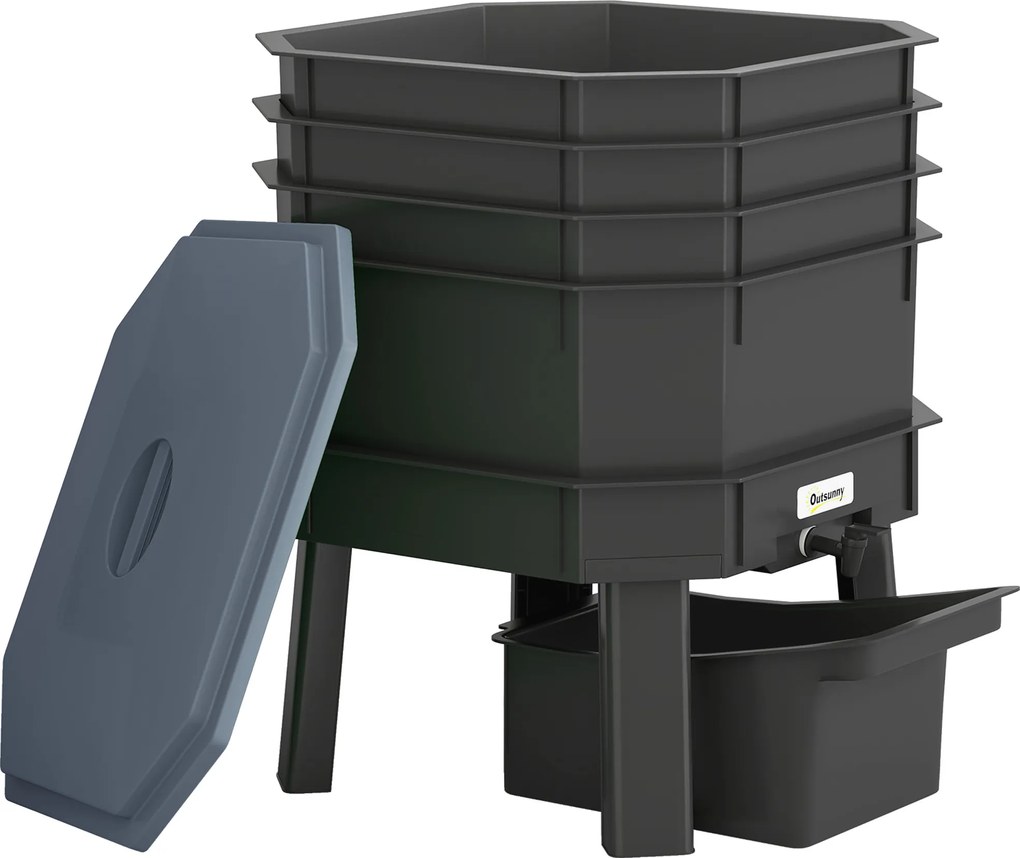 Outsunny Compostor 28 litri, 39 x 39 x 51,5 cm Compostor rapid cu tăvi, rezistent la intemperii, compostor termic Gri închis | Aosom Romania