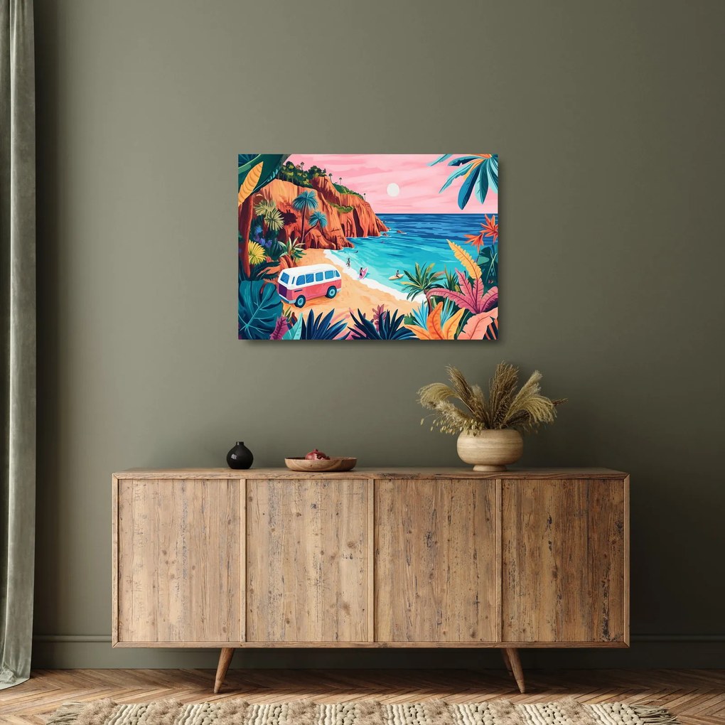 Tablou pe sticlă - Rulotă la ocean (70x50 cm)