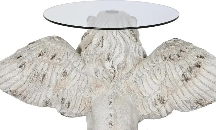 Măsuță laterală sculptată din oxid de magneziu, leu înaripat, blat din sticlă, finisaj gri antichizat, 96 x 62 x 61 cm, „Leon"