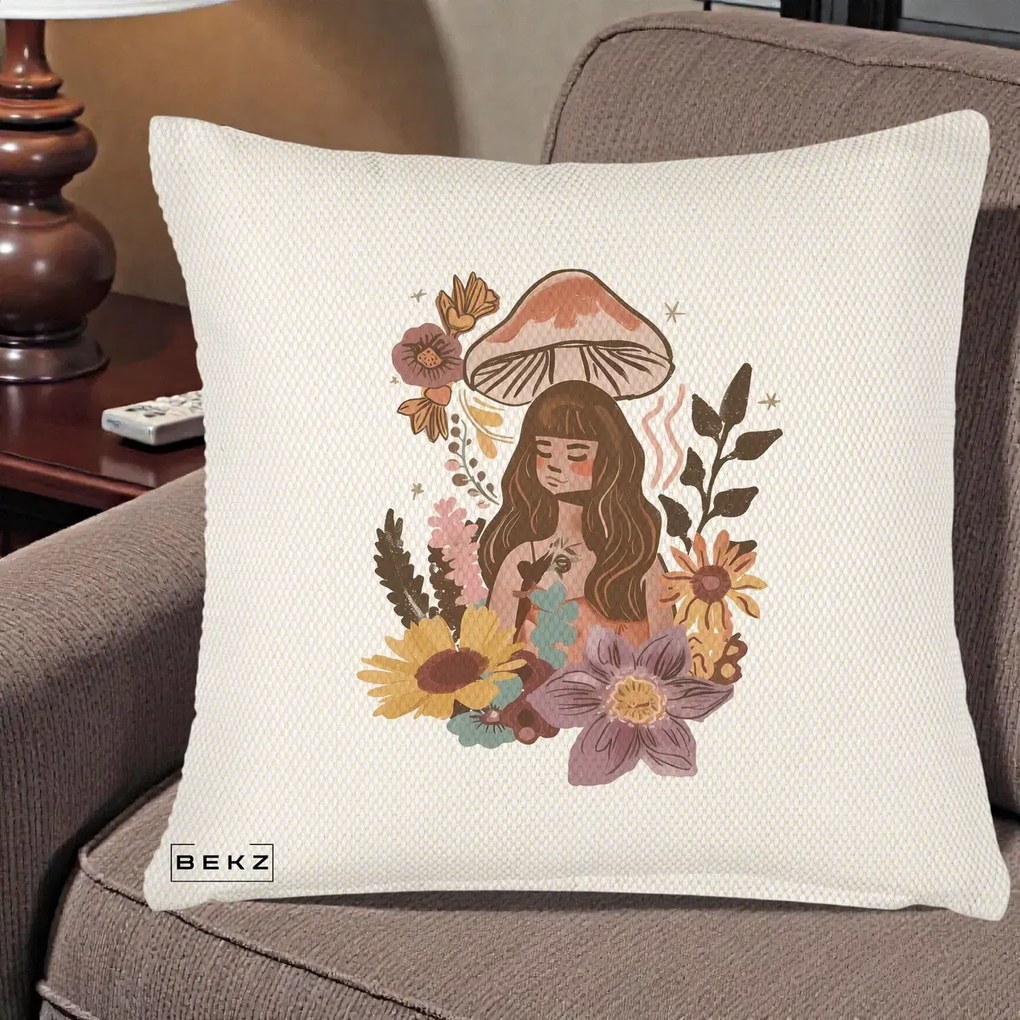 Perna Decorativa Fata Ciuperca Boho Florala, 40x40 cm, Crem Reliefat, Husa Detasabila, Perna Inclusa, BEKZ®
