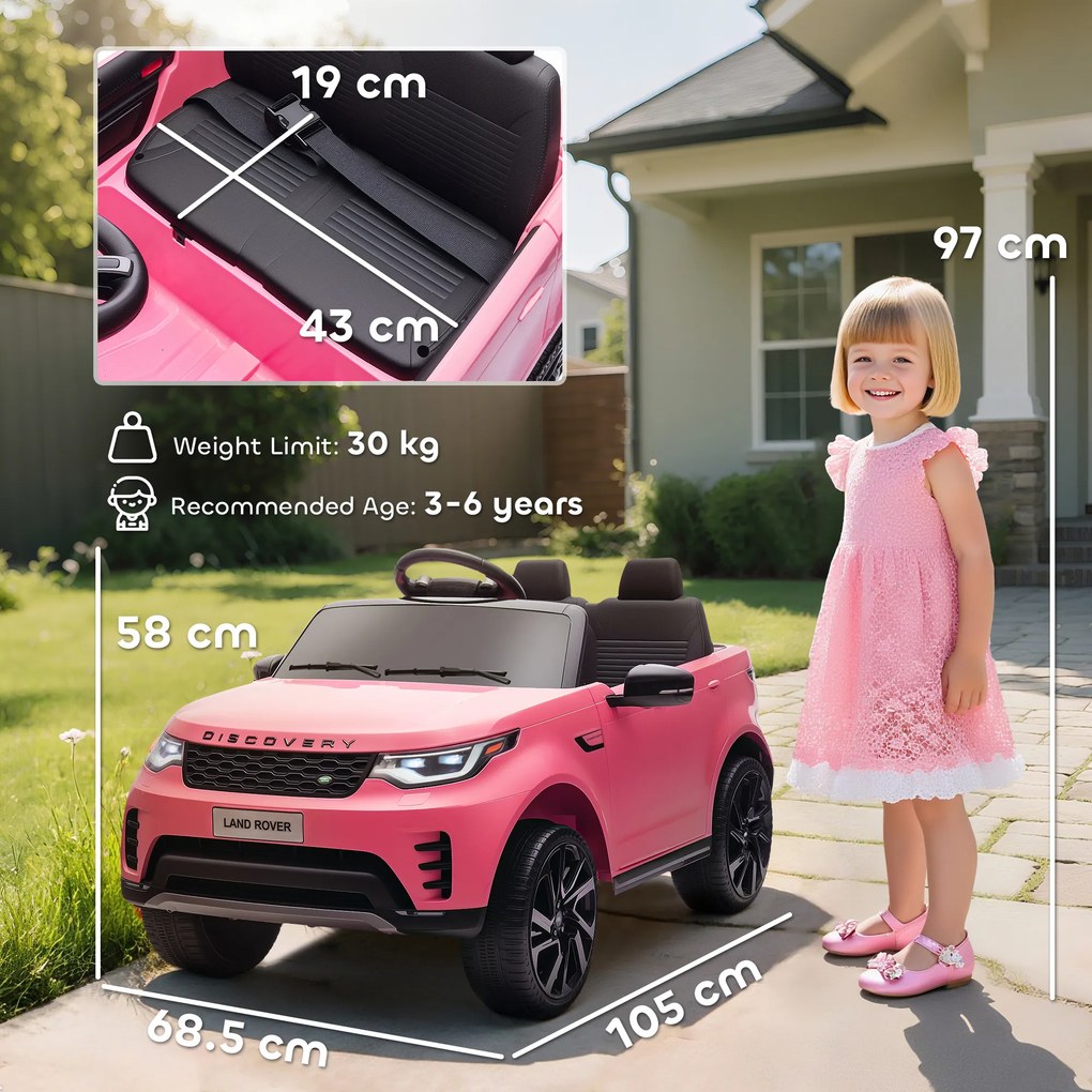 HOMCOM Mașină Electrică pentru Copii 3-6 Ani cu Licență Land Rover Discovery 12V, 2.5-4.5 km/h Auto Electrică pentru Copii cu 2 Motoare, Suspensii, Telecomandă, USB, Muzică, Faruri și Claxon, Roz | Aosom Romania