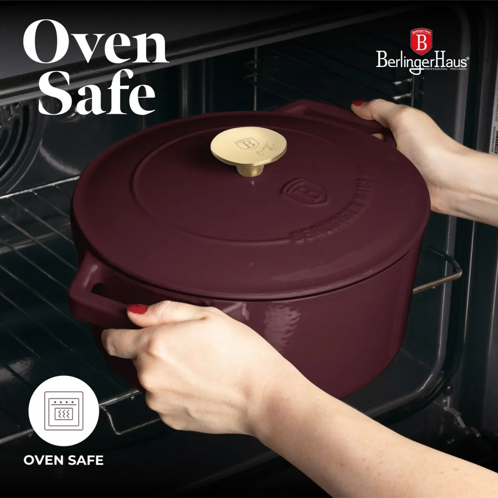 Oală din fontă emailată 4,35L cu capac, 24 cm – Berlinger Haus BH 6542 Leonardo, visiniu, ideală pentru pâine, friptură, cuptor și aragaz