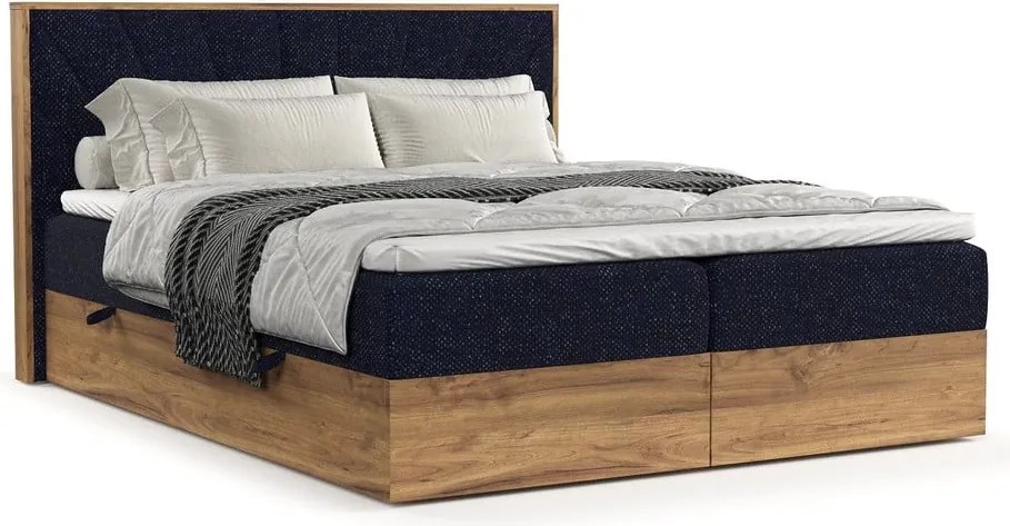 Pat boxspring albastru închis/în culoare naturală cu spațiu de depozitare 200x200 cm Asahi – Maison de Rêve