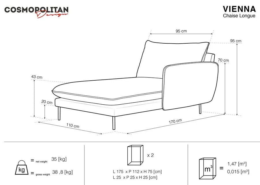 Șezlong divan cu cotieră pe partea dreaptă Cosmopolitan Design Vienna, gri închis