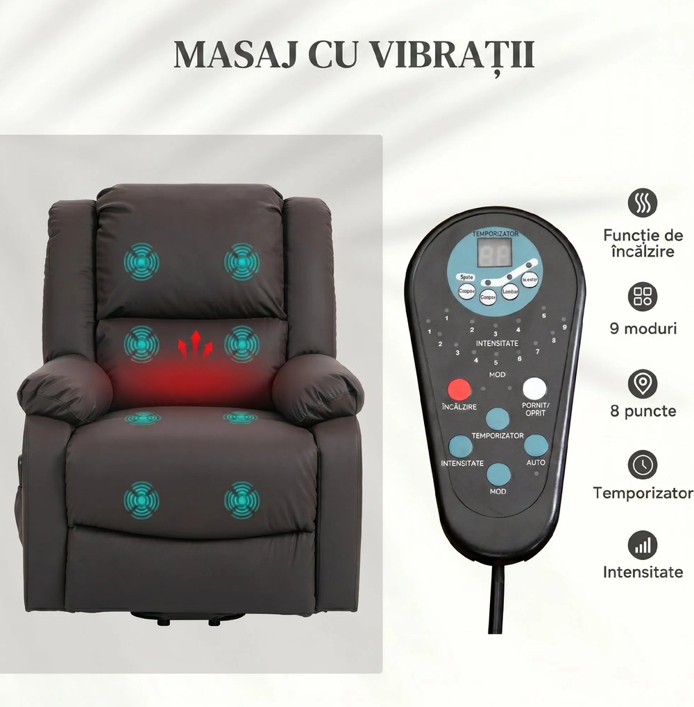HOMCOM Scaun Reclinabil cu Masaj prin Vibrații și Căldură, Scaun cu Telecomandă și Buzunar Lateral, 89x93x105 cm, Maro Închis | Aosom Romania