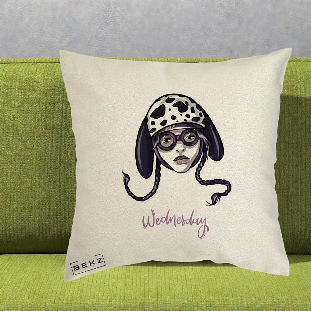 Perna Personalizata Wednesday Addams cu Caine Dalmatian, 40x40 cm, Ecru, Husa Detasabila, Perna Inclusa, BEKZ®