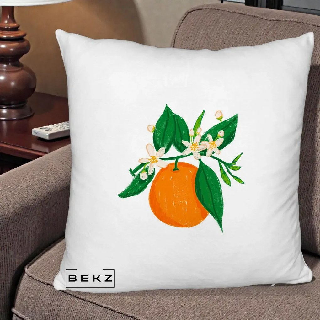 Perna Decorativa Portocala in Floare, 40x40 cm, Alb Pufos, Husa Detasabila, Perna Inclusa, BEKZ®